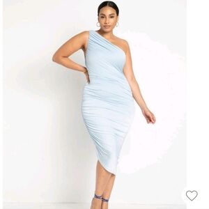 Eloquii Light Blue One-Shoulder Ruched Midi Dress